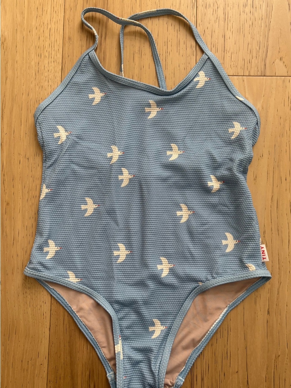 Girl’s Dusty Blue One-Piece Swimsuit with White Bird Print
